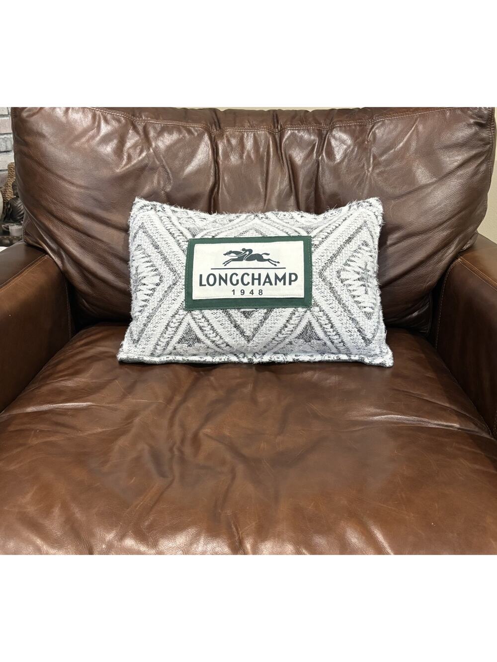 Longchamp 1948 Gray White Diamond Pattern Lumbar Wool Blend Pillow 14x19 Lodge